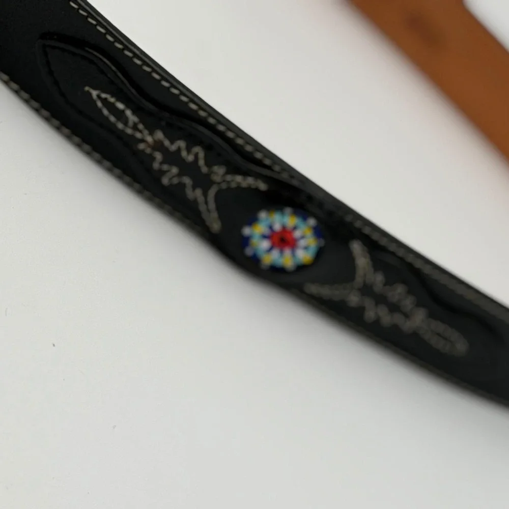 Vintage Western Black Leather Belt Beaded Medallions Silver Engraved Buckle 30